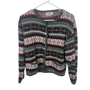 Tally Ho 100% Acrylic Red Gray Christmas Holiday Knit‎ Sweater Cardigan Sz M